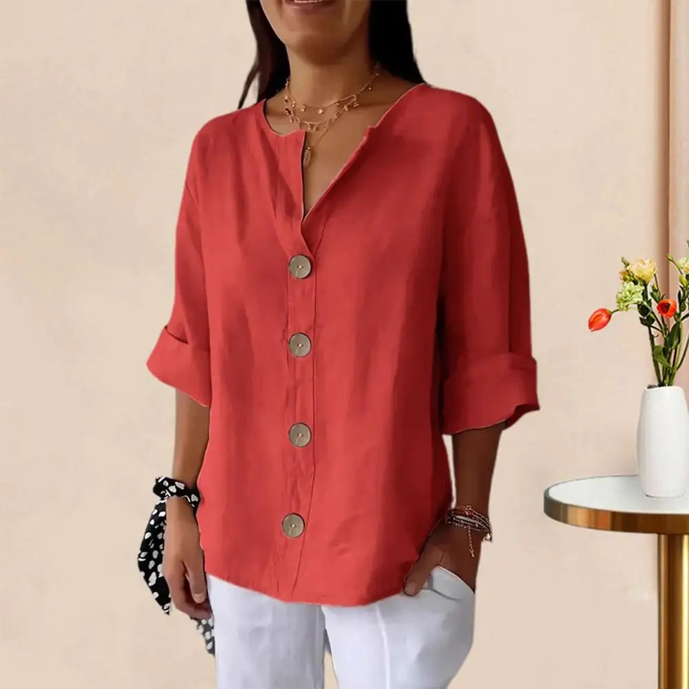 

Women Shirt Stylish Women's V-neck Pullover Tops with Button Detailing for Casual Daily Wear Loose Fit 3/4 Sleeve for Breathable