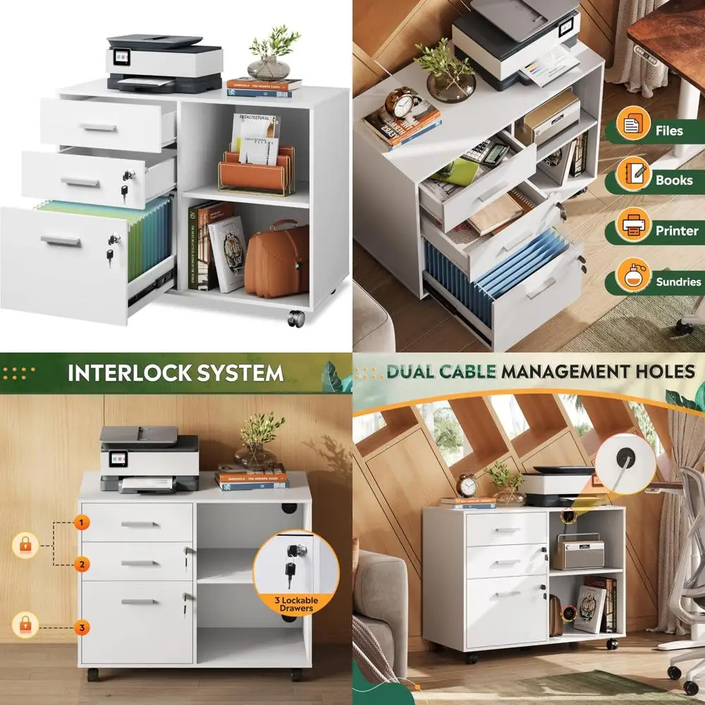 خزانة ملفات متنقلة بقفل خشبي ثلاثي الأدراج مع حامل طابعة وأرفف تخزين مفتوحة للاستخدام المنزلي والمكاتب