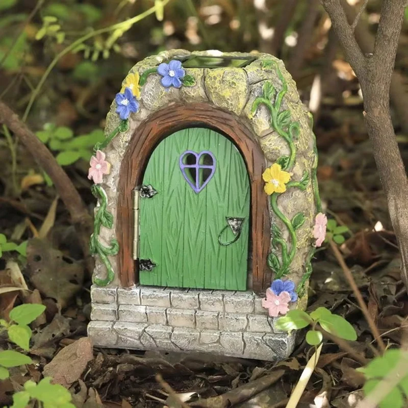 

AA49 Fairy Garden Door Outdoor Fairy Garden Gate Resin Tree Miniatures With Steps And Open Door Mystical Lighted House