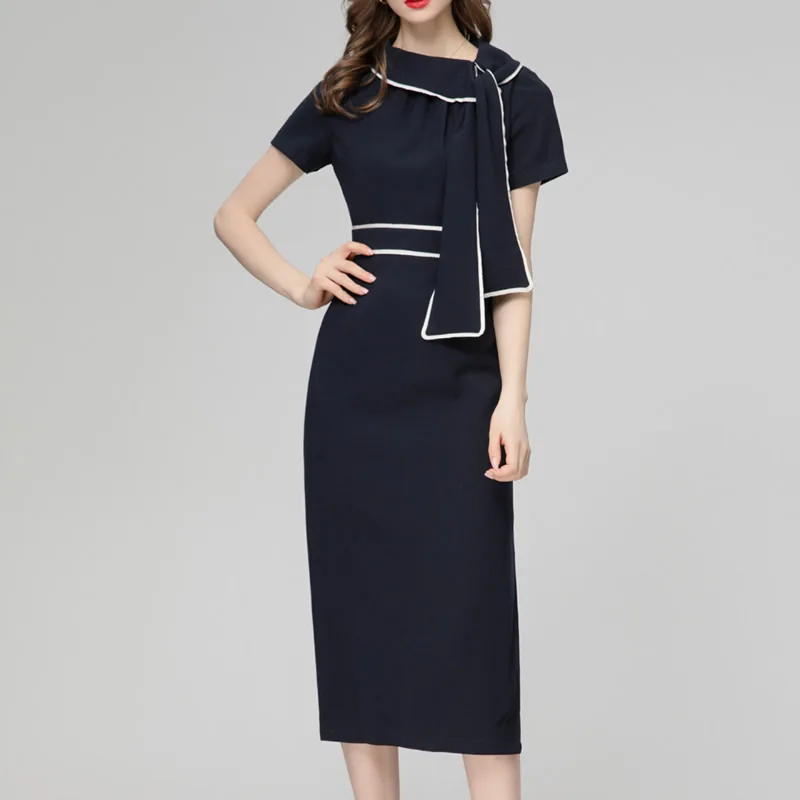 

Elegant Short Sleeve Sheath OL Dresses Fashion Bow Design Women Colorblock Dress