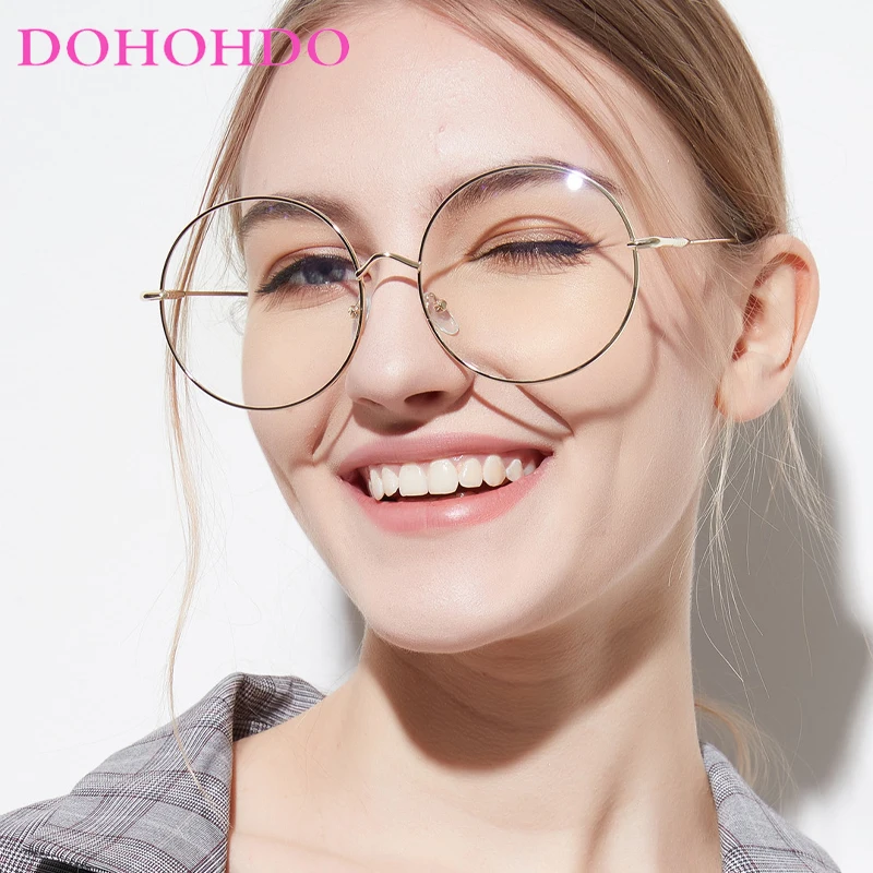 

DOHOHDO Oversize Round Women Glasses Frame Vintage Metal Clear Lens Men Eyewear Ultra Light Eyeglasses Flat Mirror Glasses UV400