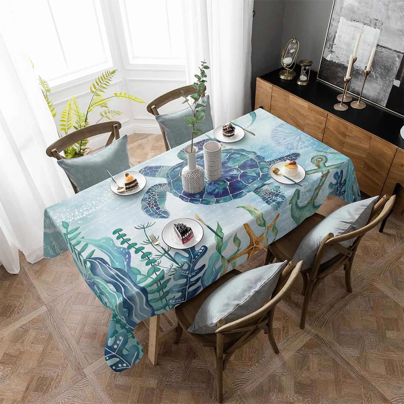 Summer Vintage Ocean Blue Turtle Starfish Anchor Anti-scalding Waterproof Tablecloth Rectangular Round Table Cover Furnishings