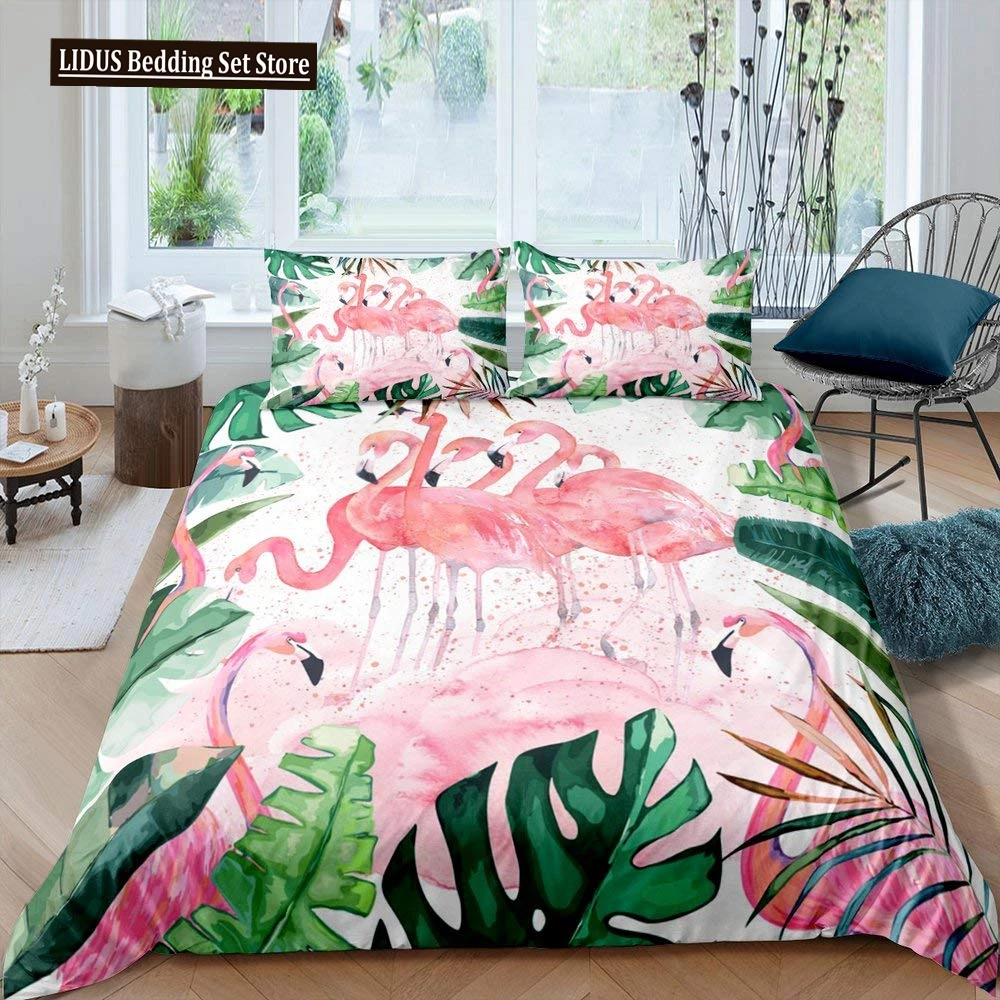 

Flamingo Bedding Set Palm Leaf Comforter Cover King Size Toucan Flamingos Duvet Cover Kids Girls Boys Tropical Botanical Leaves