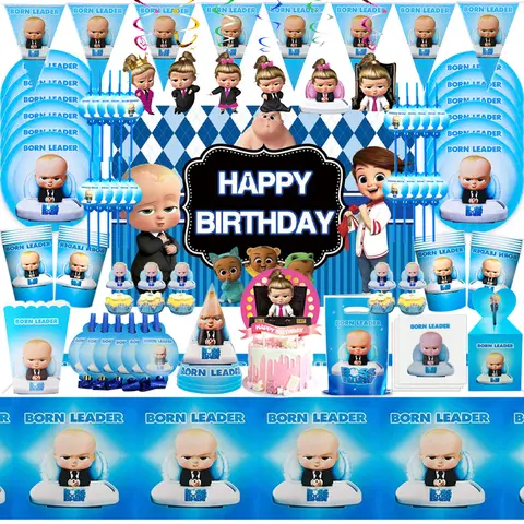 Baby Boss Boy Birthday Party Decoration Boss Cup Plate Kit Gift Bag Box Cupcake Topper Backdrop Baby Shower Newborn 1st Supplies