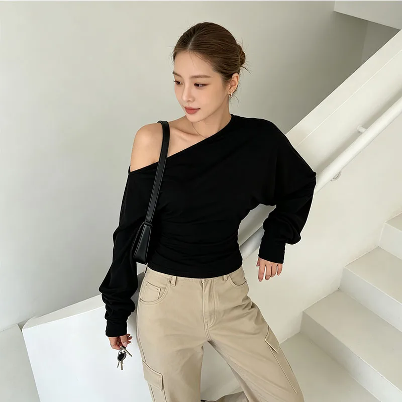 Y2K Off‑Shoulder Long Sleeve Top Back Cut‑Out Waist Ruched Slim‑Fit Draped Casual T‑Shirt