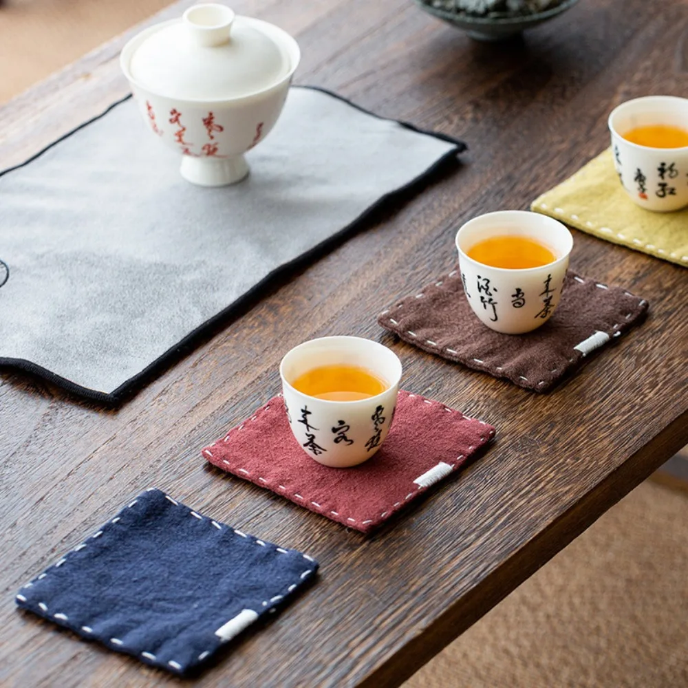 2Pcs Tea Ceremony Accessories Retro Cotton Linen Coaster Non-Slip Wear Resistant Table Mat Soft Square Insulation Pad Restaurant