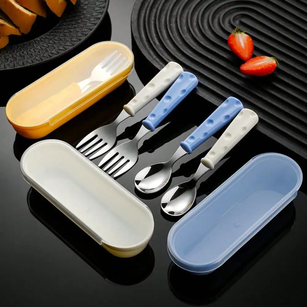 2pcs 304 Stainless Steel Spoon Fork Set with Case,Portable Baby Feeding Cutlery, Utensils for Outdoor, Travel