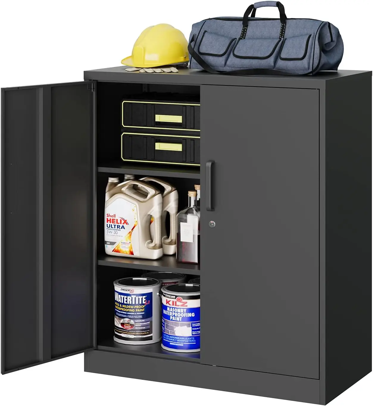 Metal Storage Cabinet with Locking Doors, 2-Door Metal Locker with 2 Shelves, Black Metal Cabinet with Lock