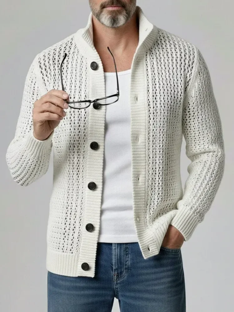 Mens Stand Collar Single Breasted Hollow Knit Jacket Slim Fit Long Sleeve Knitted Outerwear Men Casual Coat