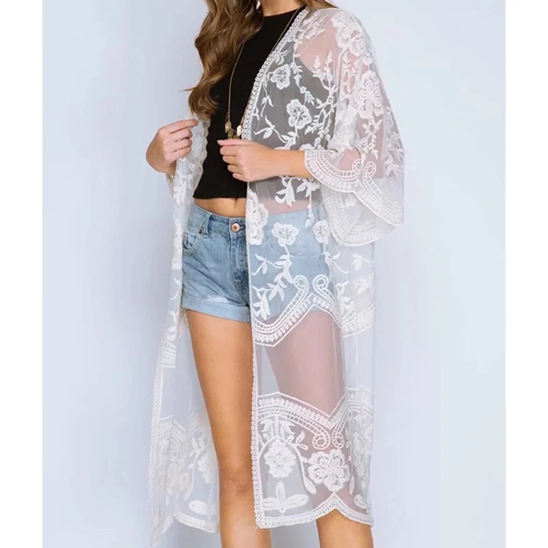 Bikini con bordado de encaje para mujer, cárdigan elegante holgado y fino con protección solar de estilo francés, ropa de playa Sexy para mujer 2025