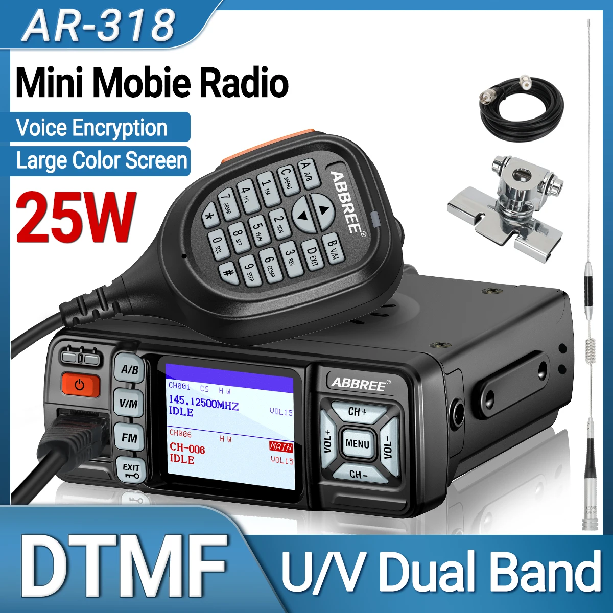 ABBREE AR-318 Mini radio mobilne 25W pasmo U/V daleki zasięg podwójny tryb zegarek DTMF szyfrowanie głosu samochodowe walkie talkie