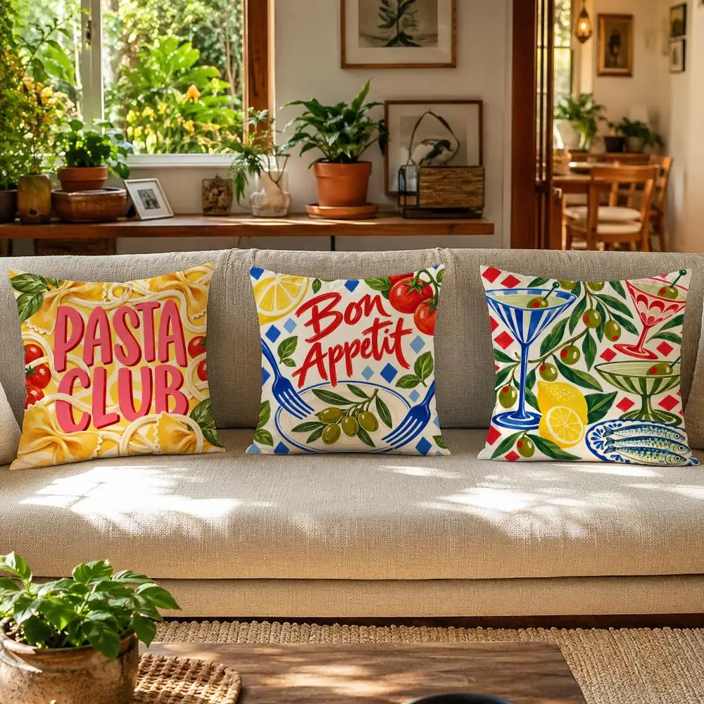 Italian Summer Foodie Dopamine Cushion Cover Skin-Friendly Organic Linen Pillow Cover Durable Hypoallergenic Washable Soft