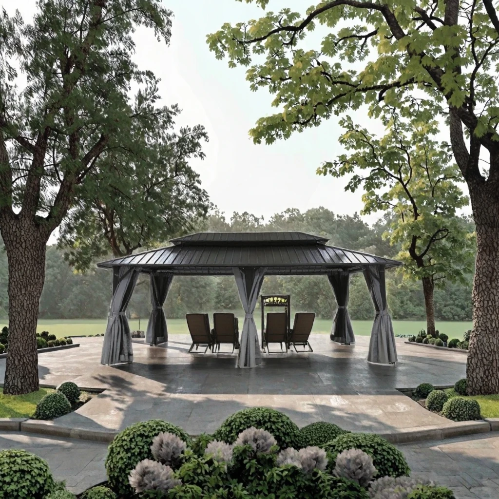 مظلة بإطار من الألومنيوم في الهواء الطلق وعريشة أكشاك مع سقف معدني مزدوج صلب شبكة ناموسية دائمة جناح أثاث خارجي #2