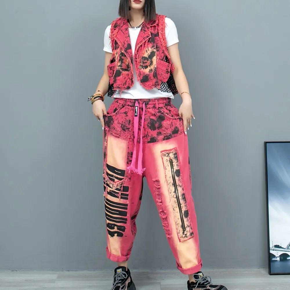 

Age Reducing Contrasting Print Lapel Short Denim Vest + Pants Two-piece Set Women 2024 Summer Fashion Pant Set Trend LX995