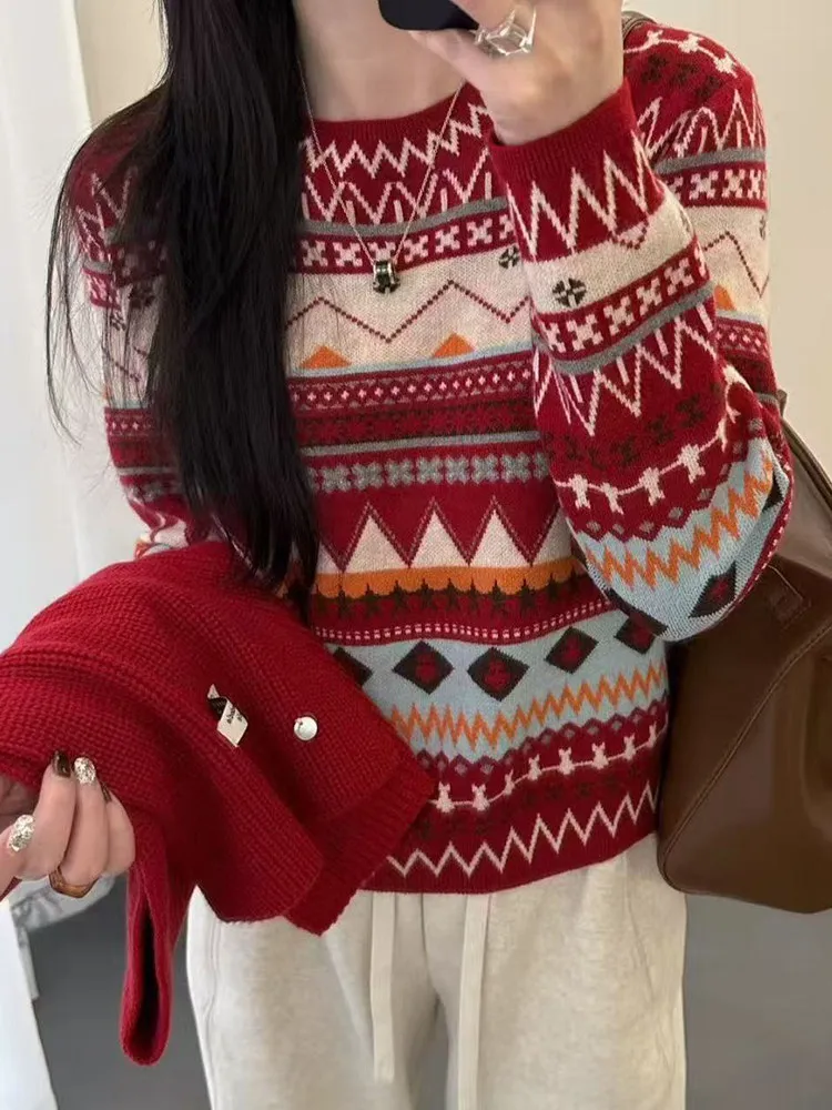 

Женский вязаный кардиган в стиле ретро с узором Fair Isle, красный, с геометрическим цветовым блоком, универсальный свитер с круглым вырезом, базовый слой, верхняя одежда