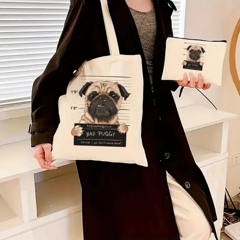 2pcs/set Cute Pug Dog Printing Handbag Cosmetic Bag Ladies Fashion Canvas Shoulder Bag Eco Large Capacity Travel Shopping Bag