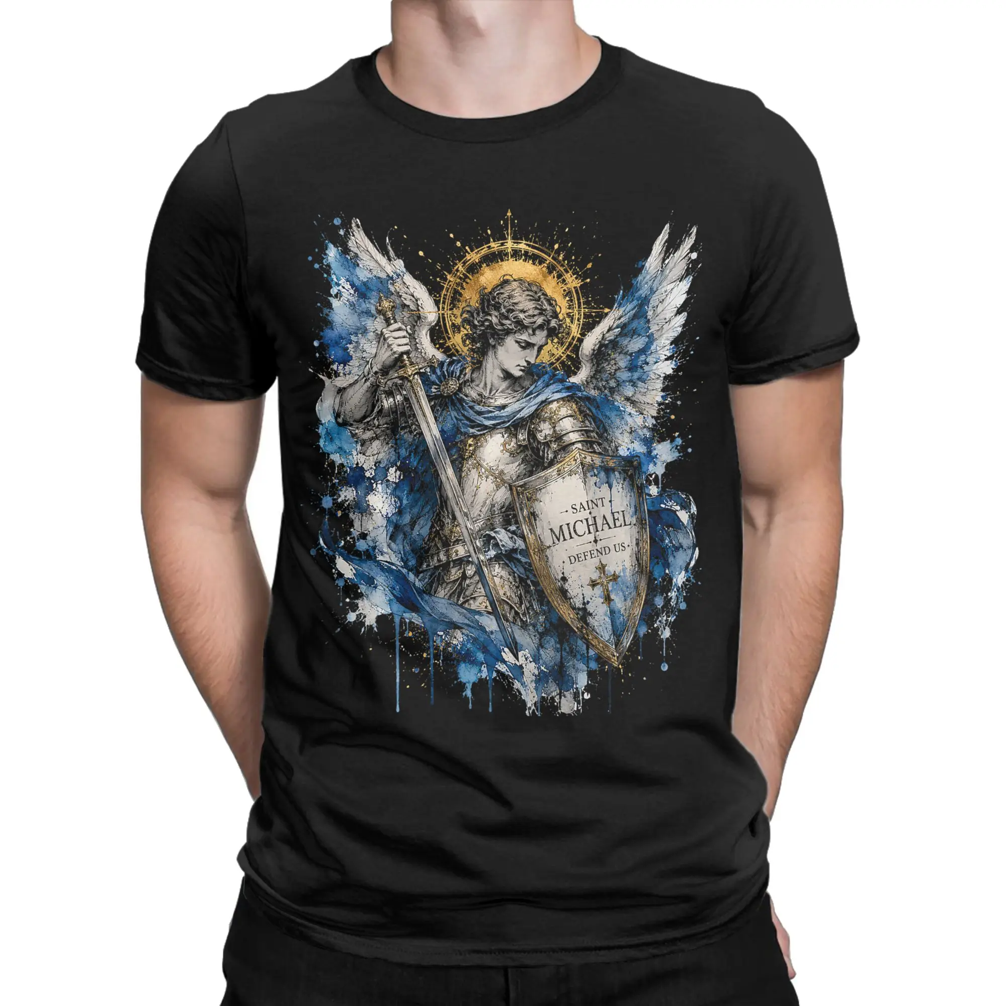 Saint Michael Defend Us Angel Sword Blue Sacred Icon Art Fashion T-Shirts  Cotton Tee Shirt for Men Plus Size Short Sleeve Tees