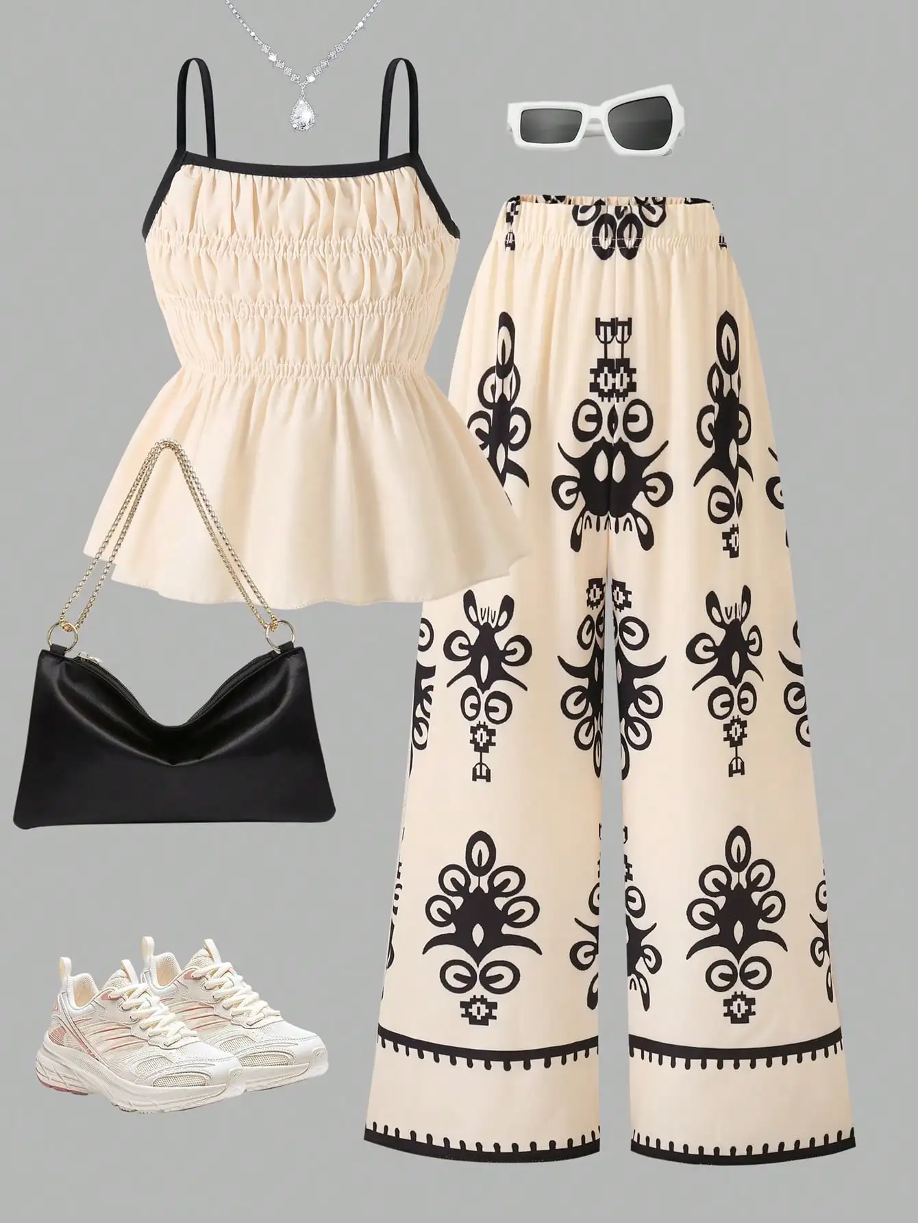 (5095) Girls' Holiday-Style Retro Ruched Camisole + Patterned Long Pants Set. Girls' Holiday-Style Outfit. Comfortable and Lightweight. Suitable for Summer Outings. Simple Ruffle Camisole Paired with Printed Wide-Leg Pants, Suitable for Beach Trips, Summer Outings, and Family Travel Photography.