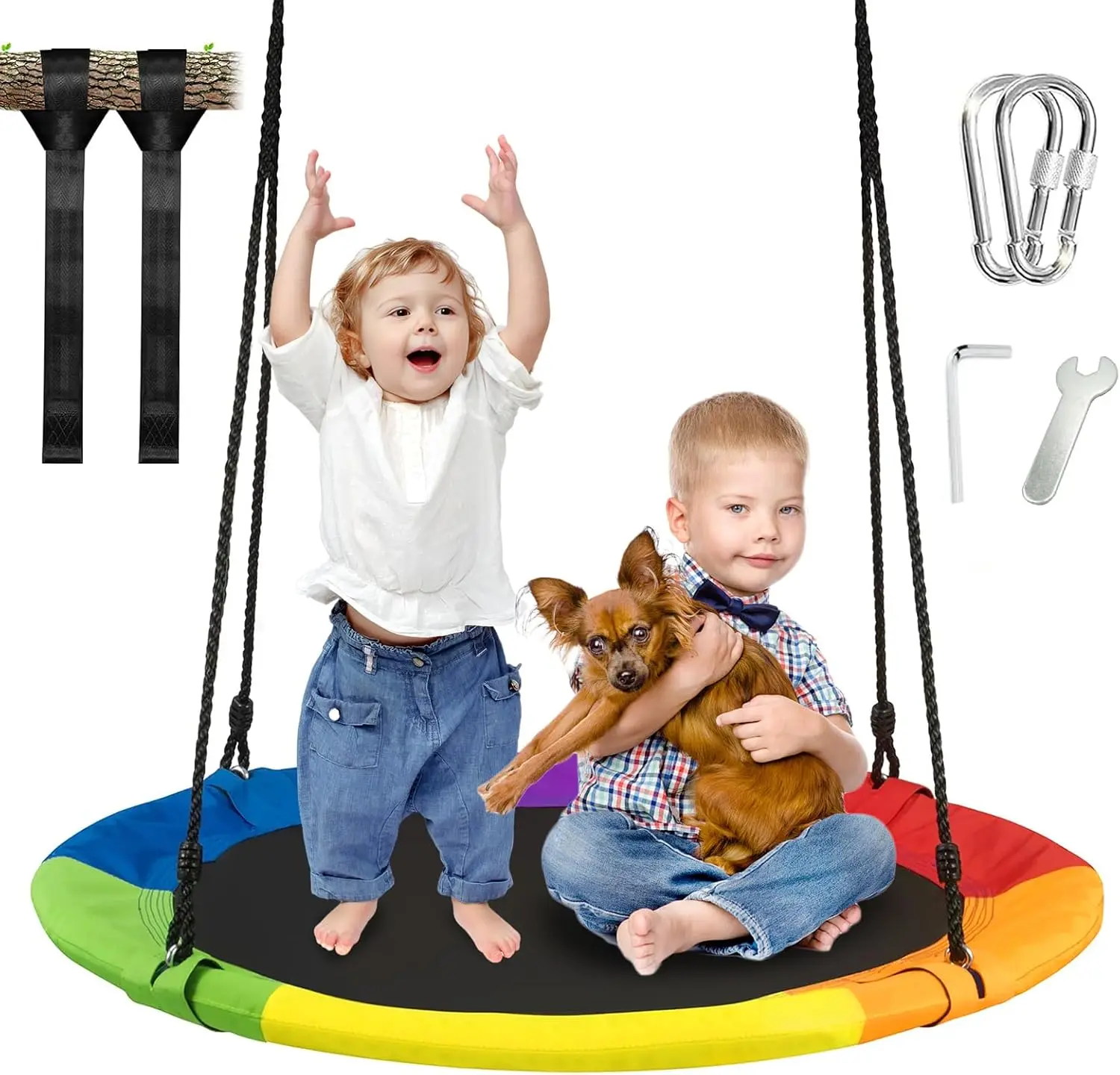 

40 Inch Saucer Tree Swing for Kids Outdoor, Waterproof Fabric, 500Lb Capacity, Multicolor Playground Fun