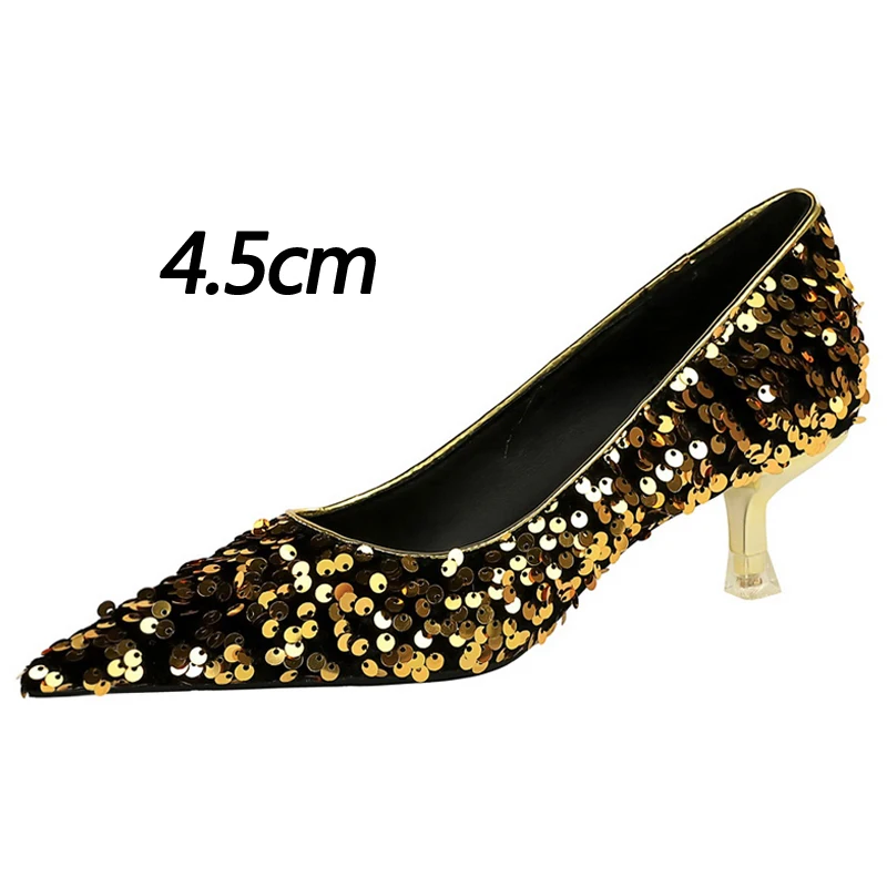 BIGTREE Shoes New Sequin Women\'s Shoes Sparkling Women Pumps Fashion Kitten Heels 4.5 Cm Low Heeled Luxury Banquet Shoes Size 43