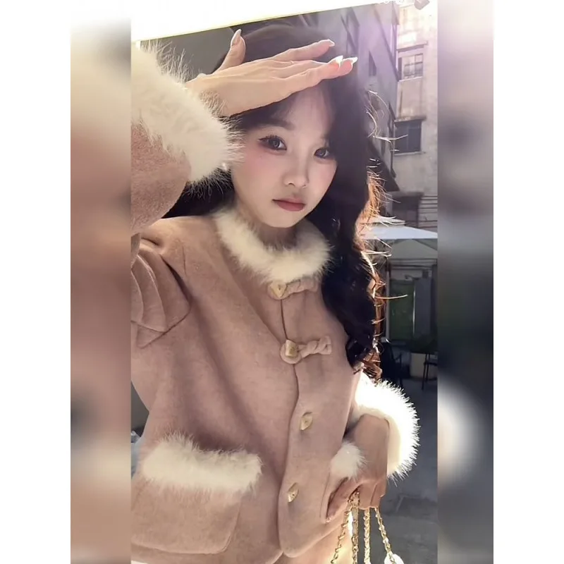 معطف صوفي أنيق بمقاس كبير وتنورة صغيرة مكونة من قطعتين للنساء على طراز الشارع فضفاض وأكمام طويلة ورقبة دائرية لون نقي...