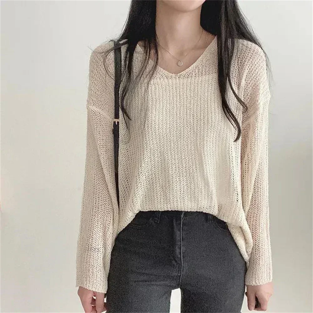 Summer V-neck Thin Knitted Tops Long Sleeve Sweater Women Clothes Korean Fashion Loose Casual Ladies Jumper 2024 Spring Autumn