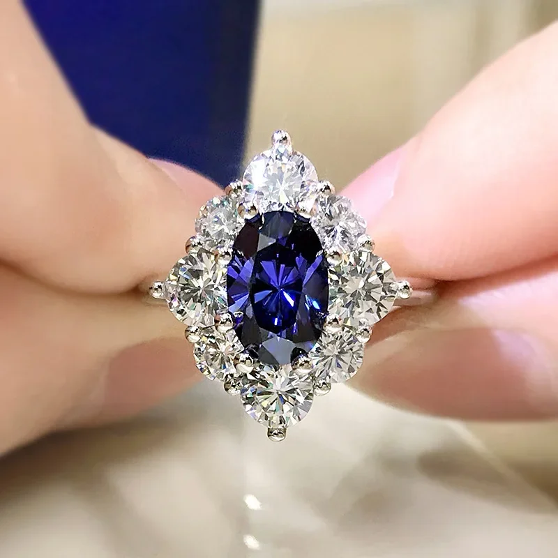 2025 New Fashionable Crystal Ring Light Luxury Personality Egg-shaped Royal Blue Zircon   Surround Set Women's