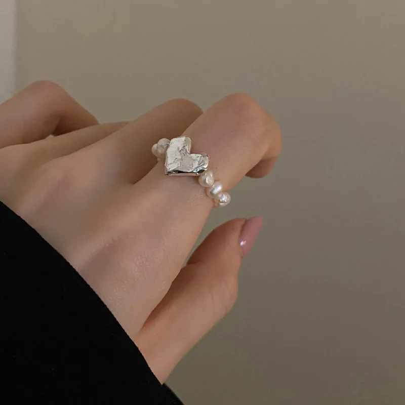 New French Style Sweet Pearl Love Heart Shaped 925 Sterling Silver Elastic Niche Design Creative Personality Rings  TYB347