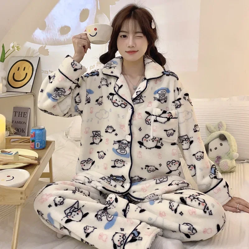 

2Pcs Sanrio Cinnamoroll KT Pochacco Soft Coral Fleece Home Clothes Women Pullover Tops Pants Pajamas Suit Female Plush Sleepwear