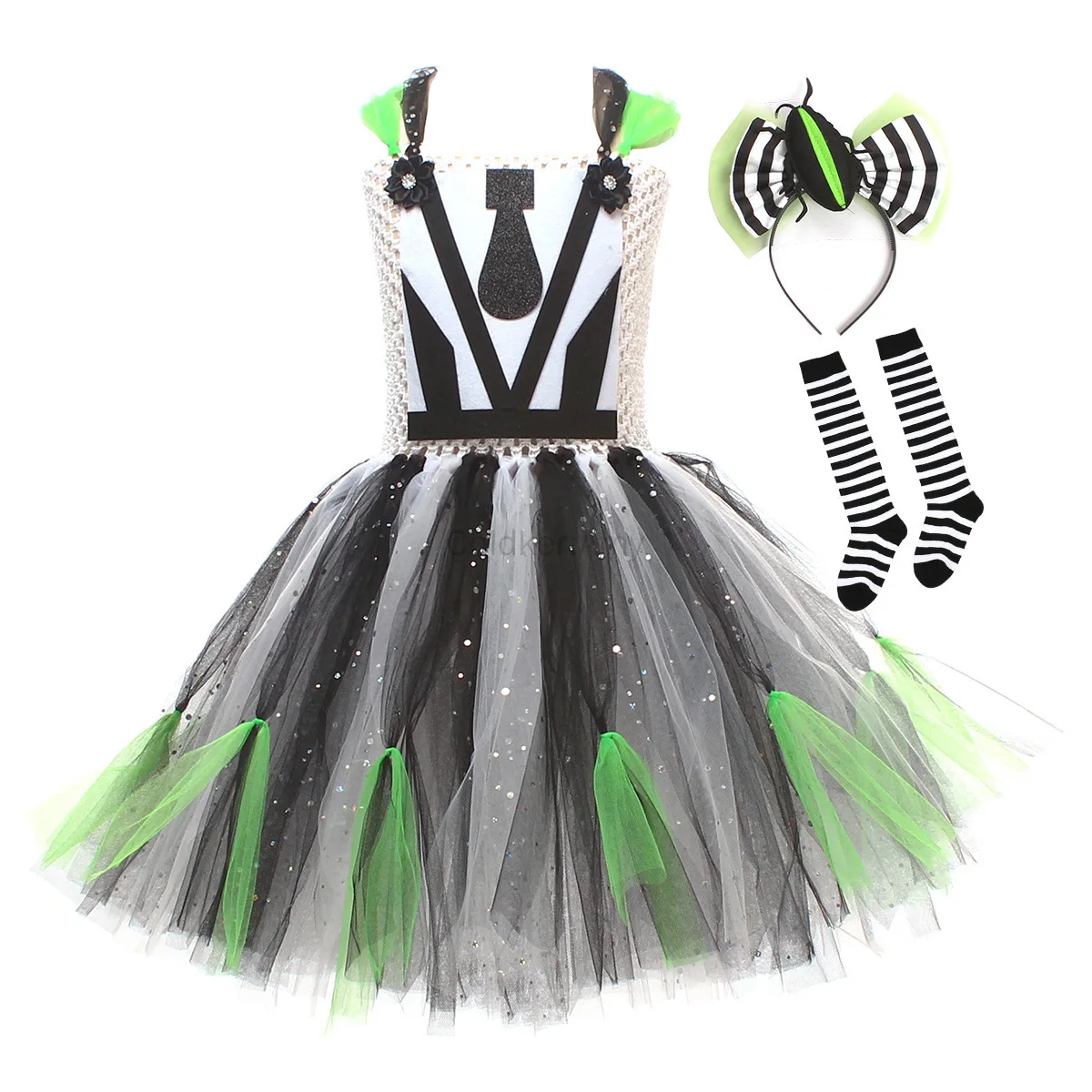 

Kids Girl Halloween Beetle Costume Black White Striped Ruffle Tulle Tutu Dress with Headband Socks Cosplay Birthday Party Outfit