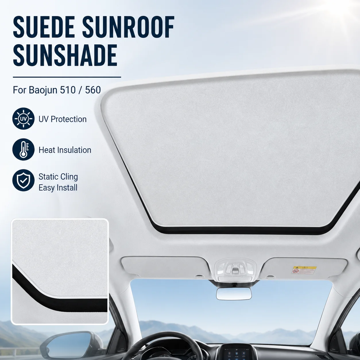 Suede Static Cling Sunroof Sunshade UV Protection Heat Insulation For Baojun 510 Baojun 560 Car Interior Accessory