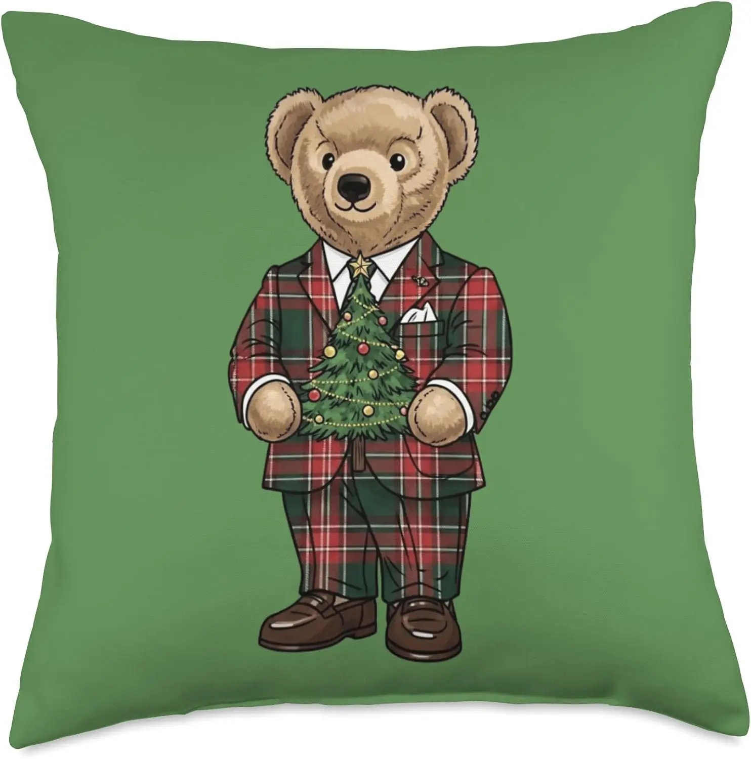 Cute Christmas Bear Plaid Suit Throw Pillow Cover Polyester Xmas Holiday Decor Festive Seasonal Cushion Case Plush Home Accent G