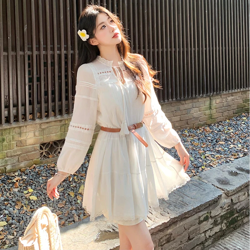 

Cotton Hollowed Dress Long Lantern Sleeves Spring Summer Fashion Girls White Dresses Mini Length