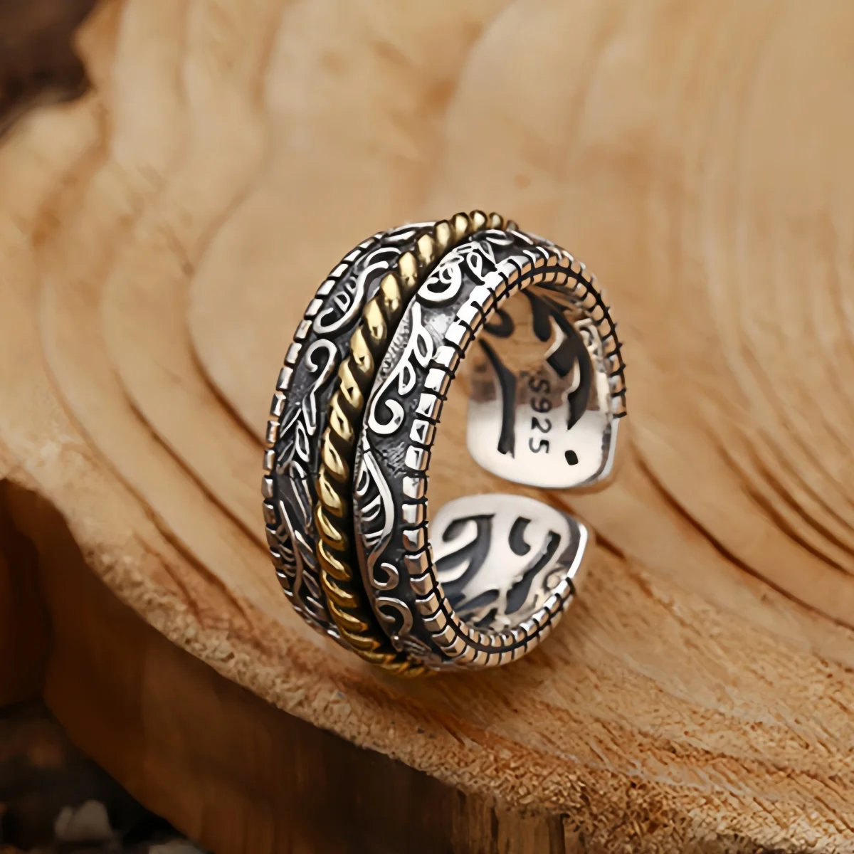 Retro Golden Rope Tang Grass Pattern Adjustable Open Ring For Men Women Gothic Punk Edgy Copper Jewelry Unisex Accessories Gift