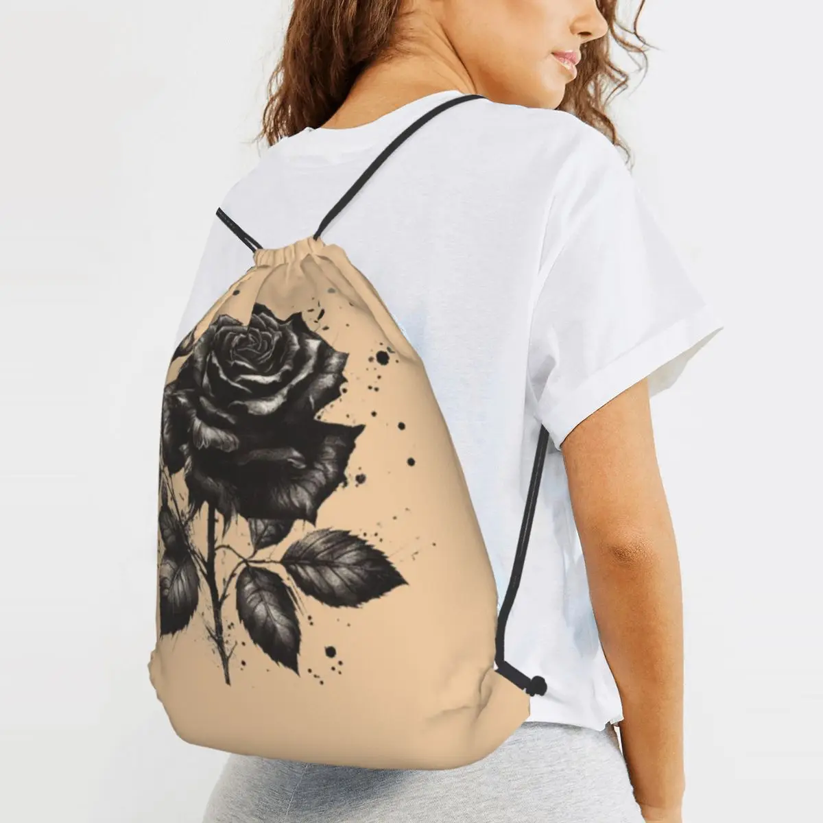 Ink Rose Black And White Botanical Tattoo Backpacks Multi-function Drawstring Bags Sports Bag Book Bags for Travel School