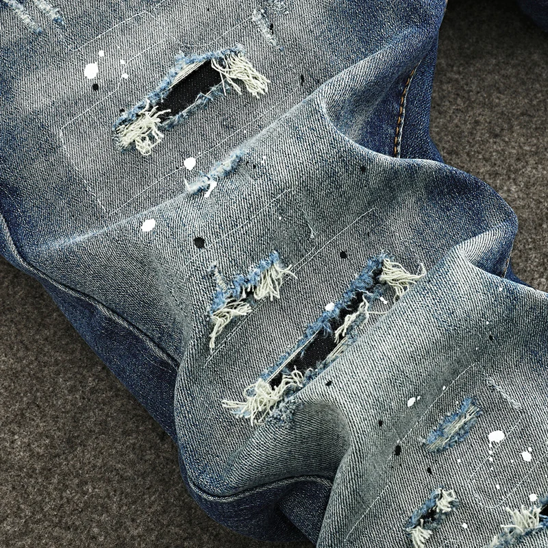

Street Designer Fashion Men Jeans Retro Blue Stretch Slim Fit Painted Ripped Jeans Men Y2K Vintage Casual Denim Pants Hombre