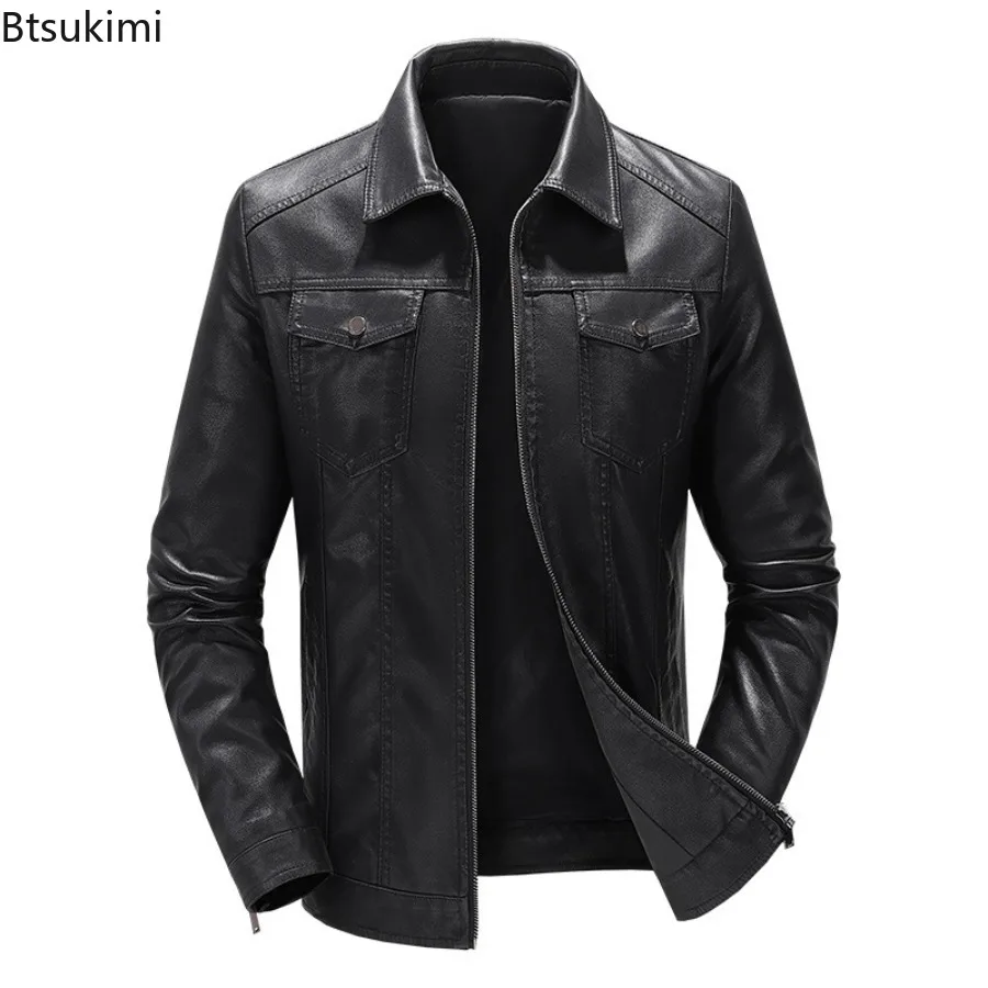 New Men's Lapel Leather Jackets Autumn Winter Slim Motorcycle Riding Suit Fleece Thicken PU Leather Warm Waterproof Work Clothes