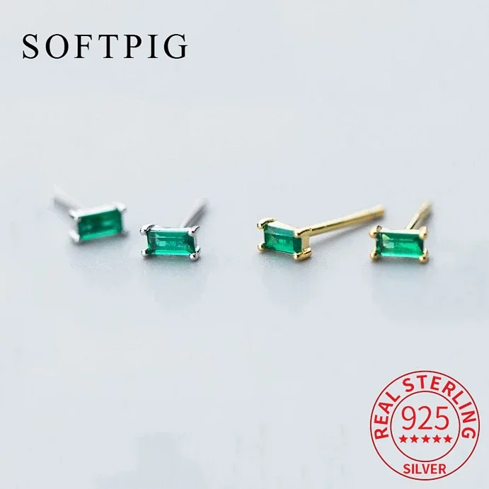 SOFTPIG Real 925 Sterling Silver Emerald zircone rettangolo orecchini a bottone per le donne Classic Fine Jewelry accessori minimalisti