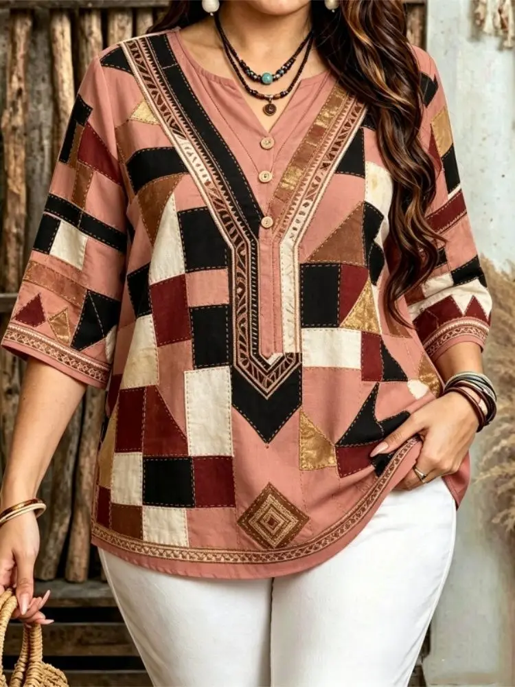Plus Size Women Floral Ethnic Print Blouse Notch V Neck 3/4 Sleeve Partial Button Loose Casual Vacation Shirt