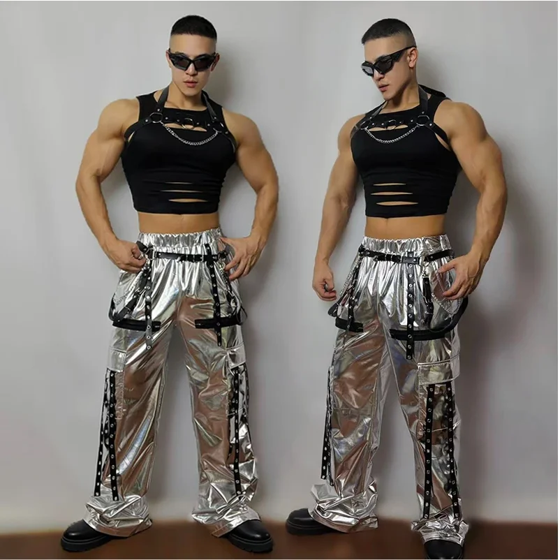 

Gogo Dance Costume Muscle Man Nightclub Bar Dancewear Sexy Black Vest Silver Pants Dj Ds Performance Wear Adult Jazz Outfit yk