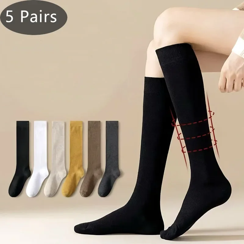 5 Pairs Women Stockings Cotton Solid Sweat-Absorbing Breathable Long Crew Socks Compression Student Girl Below knee Calf Socks