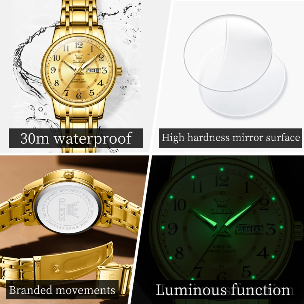 OLEVS 2891 New Fashion Quartz Watch For Women Waterproof Luminous Dual Calendar Clock Number Dial Original Women\'s Wristwatch