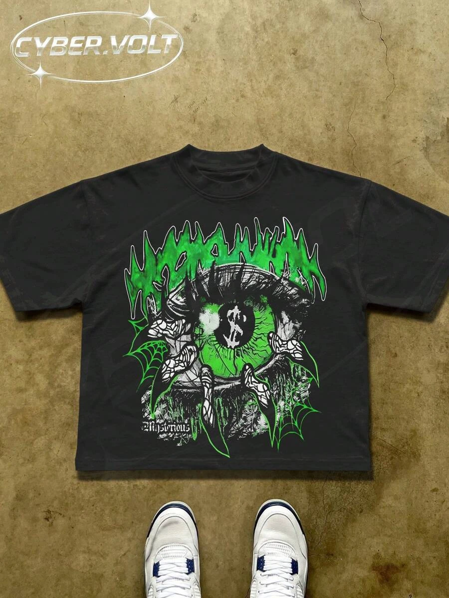 Men Hip Hop T‑Shirt Gothic Evil Eye Skeleton Spider Web Print Casual Oversized Short Sleeve Streetwear Tee Tops