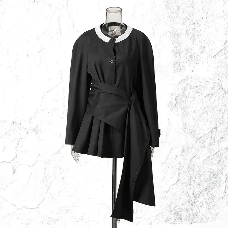 

SuperAen асимметричные костюмы, осень 2023, новинка с круглым вырезом, контрастного цвета, блестки, талия, утягивающая лента, дизайн, куртки