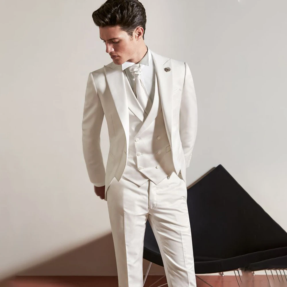 Elegant White Men Suits 3 Piece Fashion Peak Lapel Single Button Tailcoat Groom Wedding Part Formal Suits (Blazer+Vest+Pants)