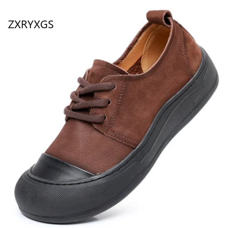 ZXRYXGS 2026 New Lace-up Genuine Leather Spell Colors Women's Vulcanized Shoes Casual Sandals Comfortable Soft Flats Plus Size