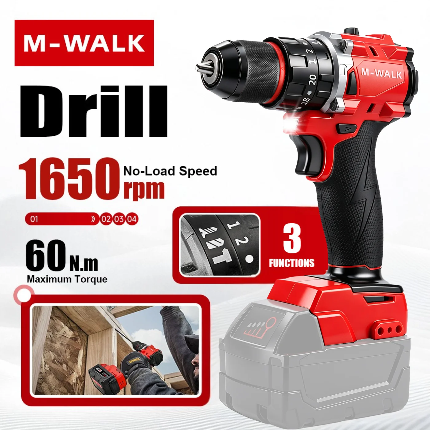 Furadeira de Impacto Profissional M-WALK Sem Escovas, Design Compacto e Leve, Furadeira Elétrica com Ajuste Contínuo para Bateria de 18V