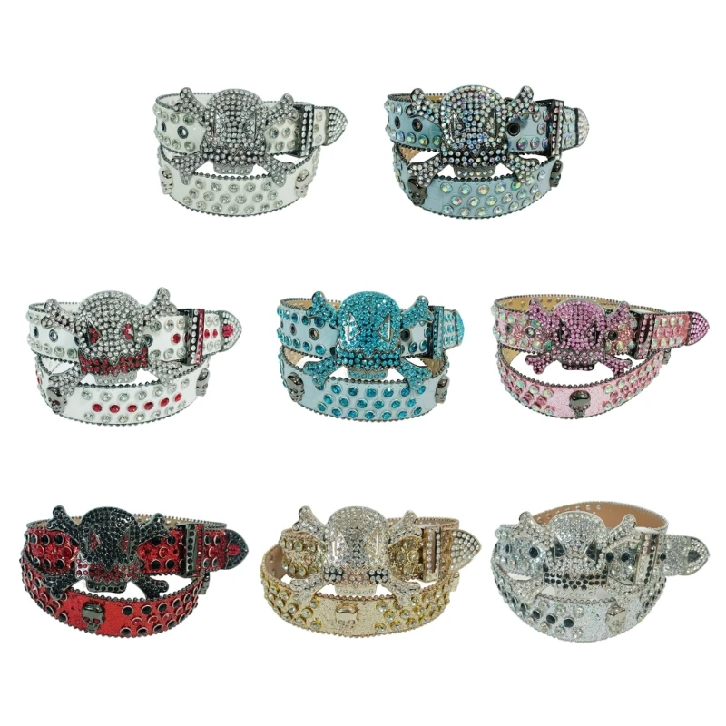 

50JB Gothic Skull Rivet Adult Waist Belt Luxurious Waist Belt Fashion Belts Adjustable Rhinestone Buckle Belt for Rock Fans