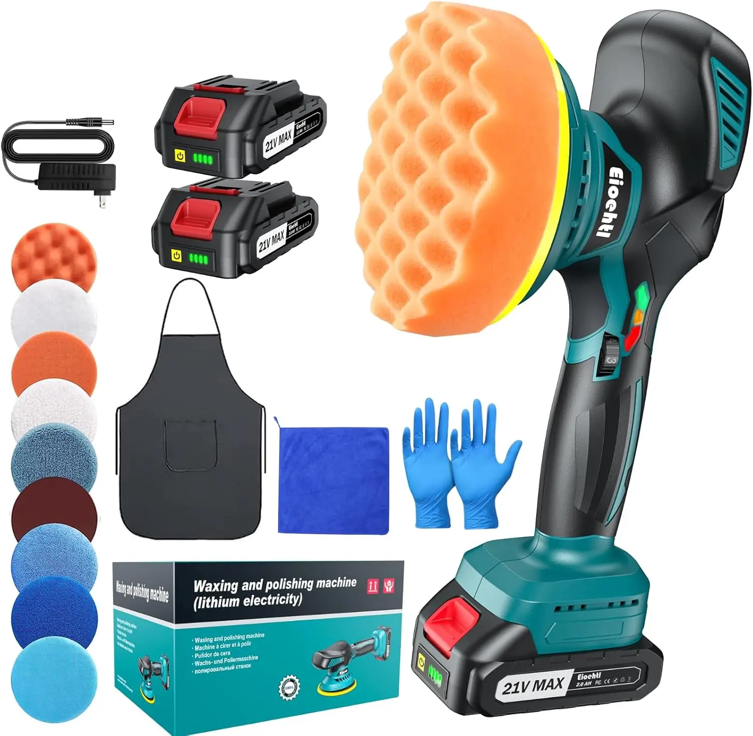 เครื่องขัดสีไร้สายขนาด 6 นิ้ว, 21V 2000mAh, อุปกรณ์เสริม 13 ชิ้น, 5500 รอบต่อนาที, ปรับความเร็วได้สำหรับงานดูแลรักษารถยนต์