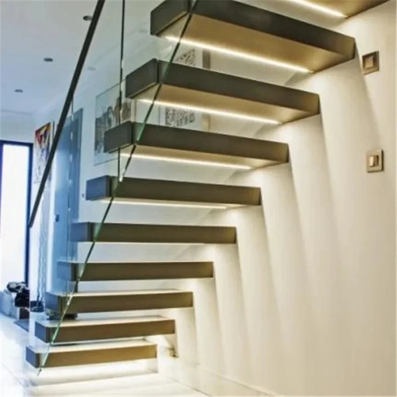 custom.CBMmart High-End Modern Carbon Steel Beam Floating Stairs Interior Glass Tread Steel Grill Guardrail Stairc